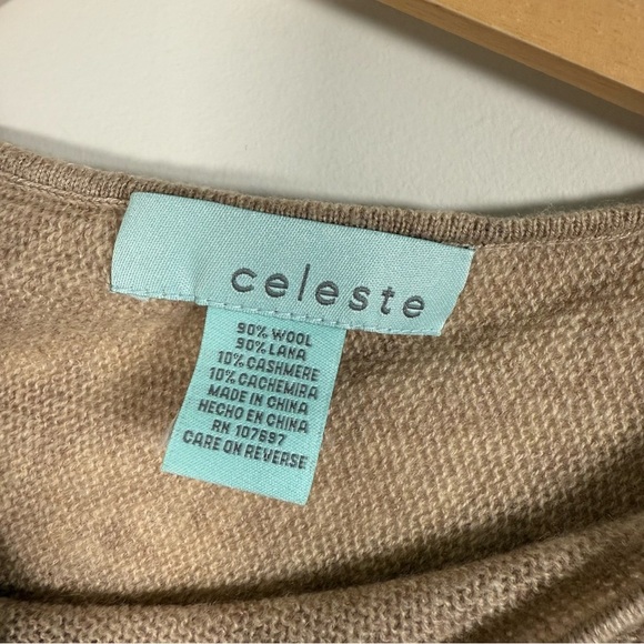 Celeste Wool Cashmere Knit Asymmetrical Hem Pullover Poncho Shawl Tan Brown OS - Picture 3 of 4